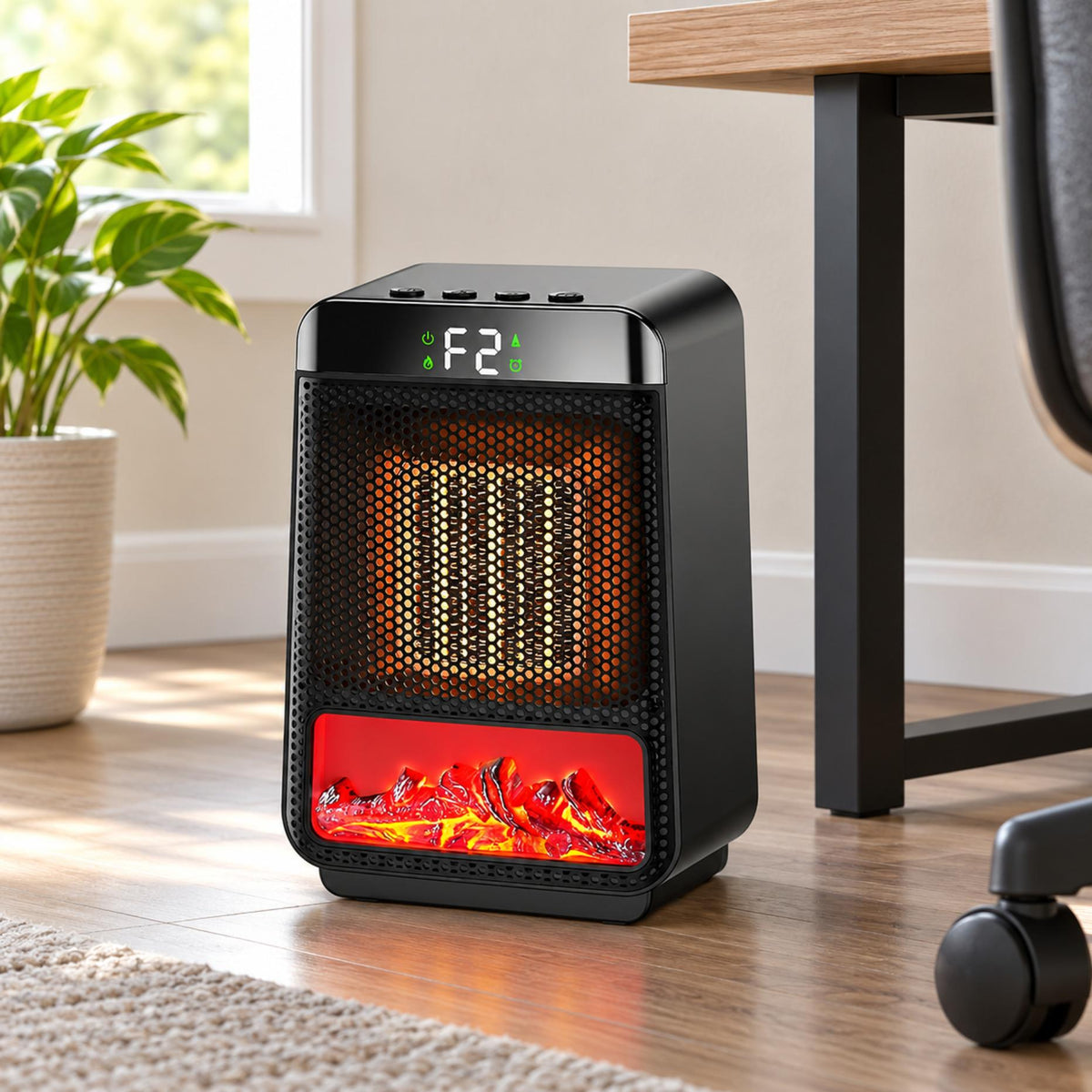 800W Mini Ceramic Space Heater with 3D Flame Effect | Portable Desk Heater