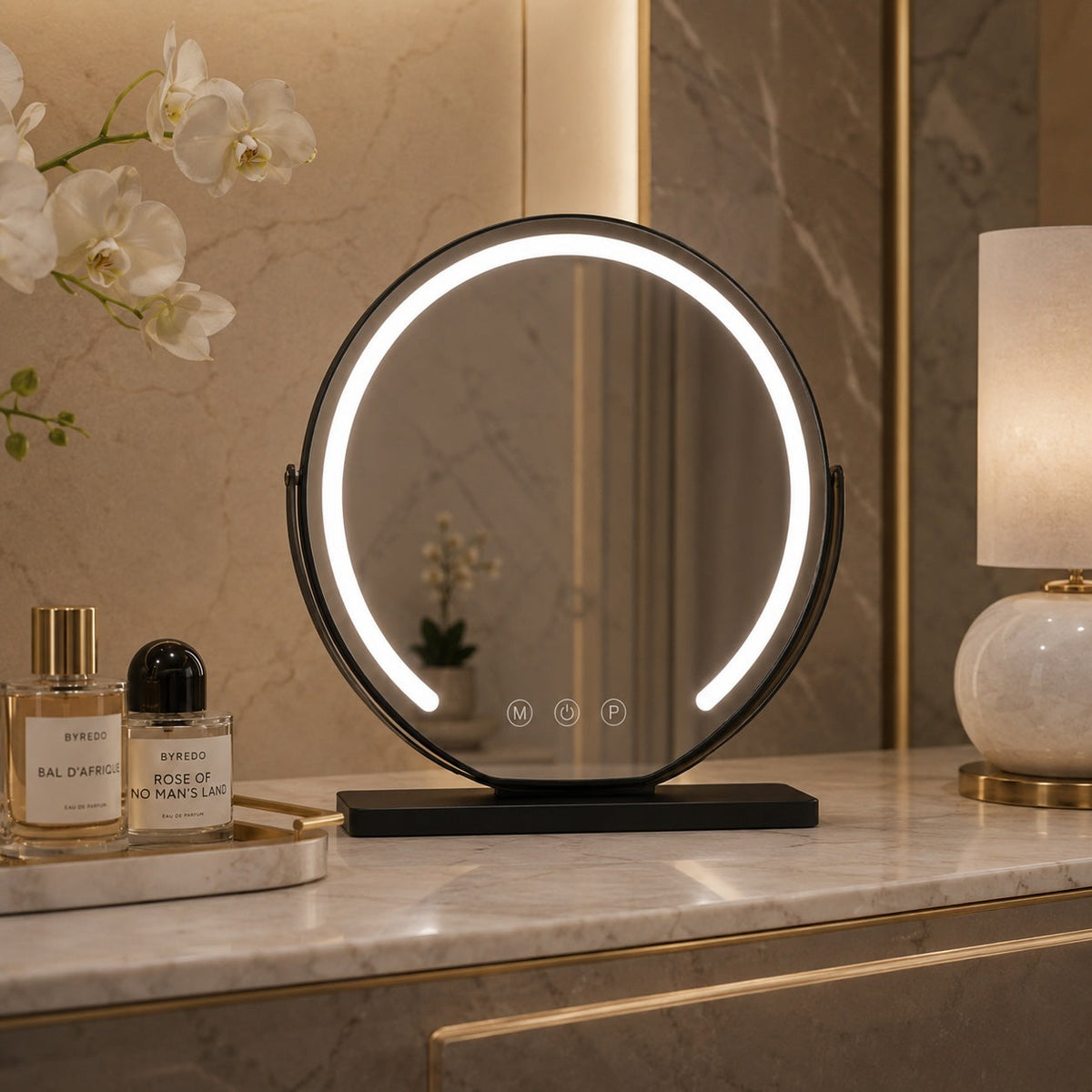 Modern Makeup Mirror with Lights Tabletop Adjustable Magnification LED Energy Efficient