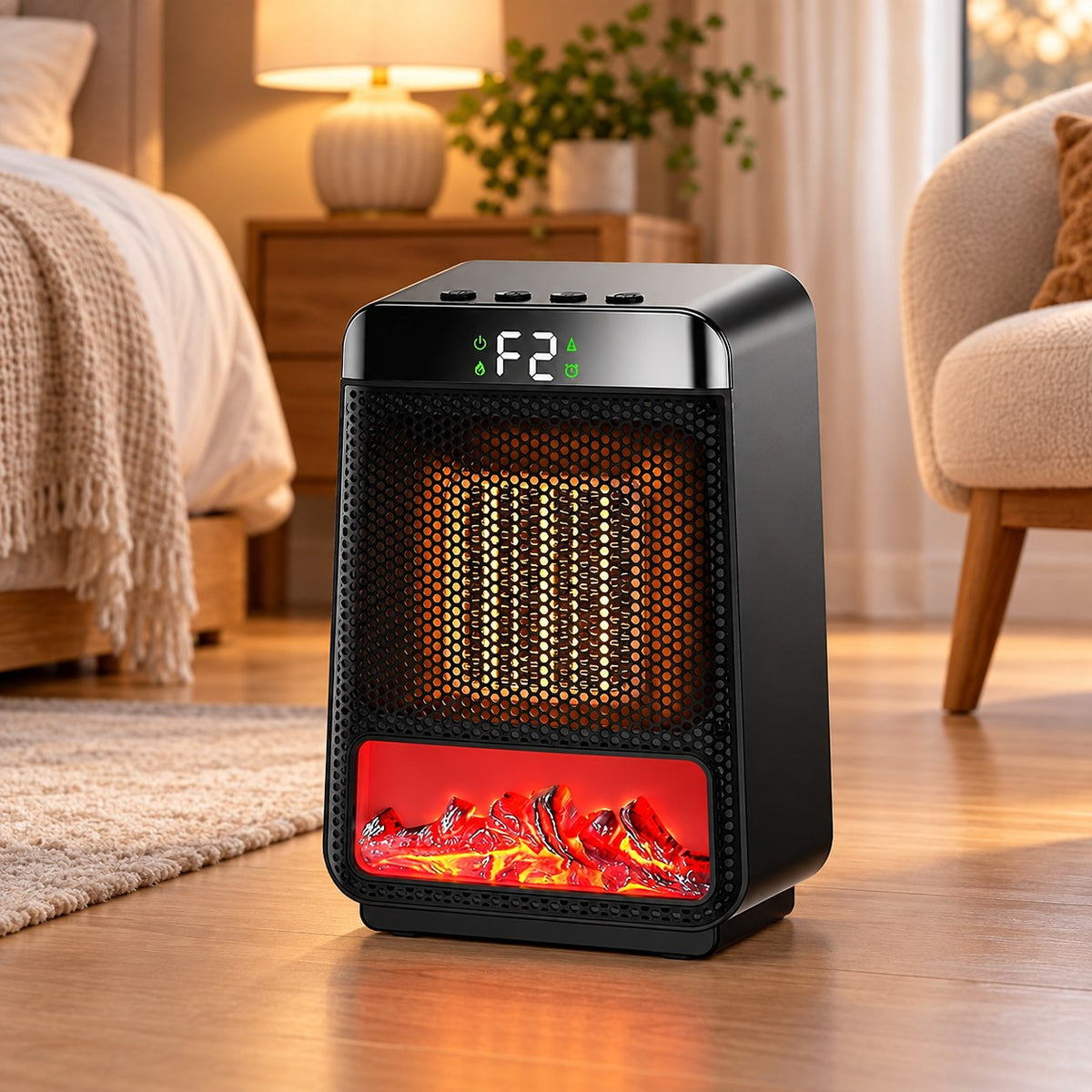 800W Mini Ceramic Space Heater with 3D Flame Effect | Portable Desk Heater