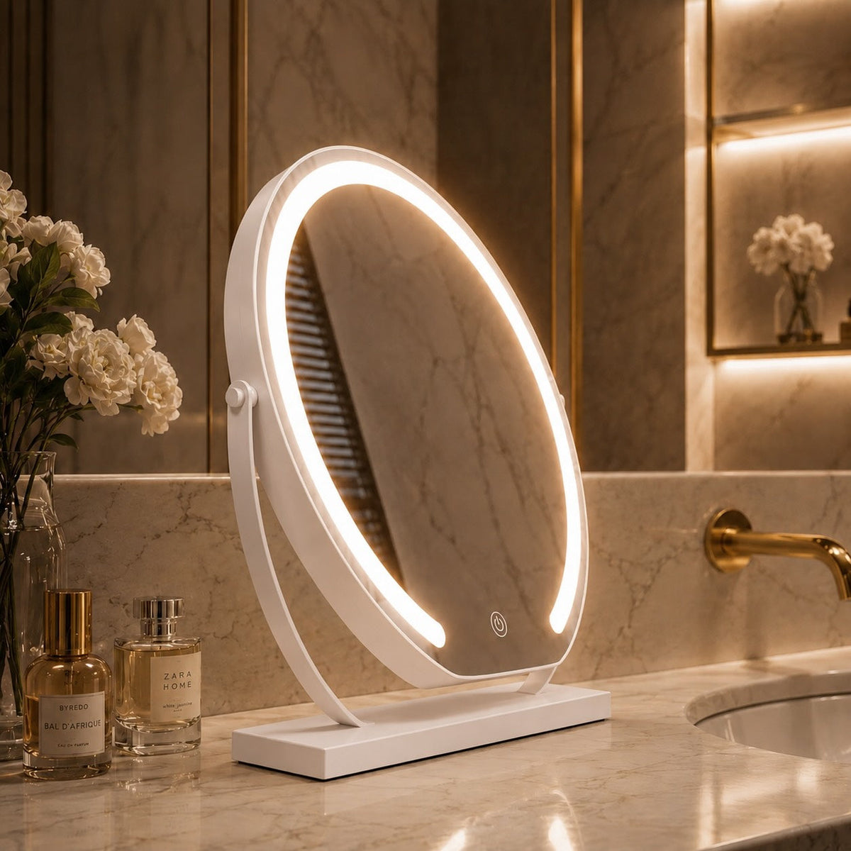 Modern Makeup Mirror with Lights Tabletop Adjustable Magnification LED Energy Efficient