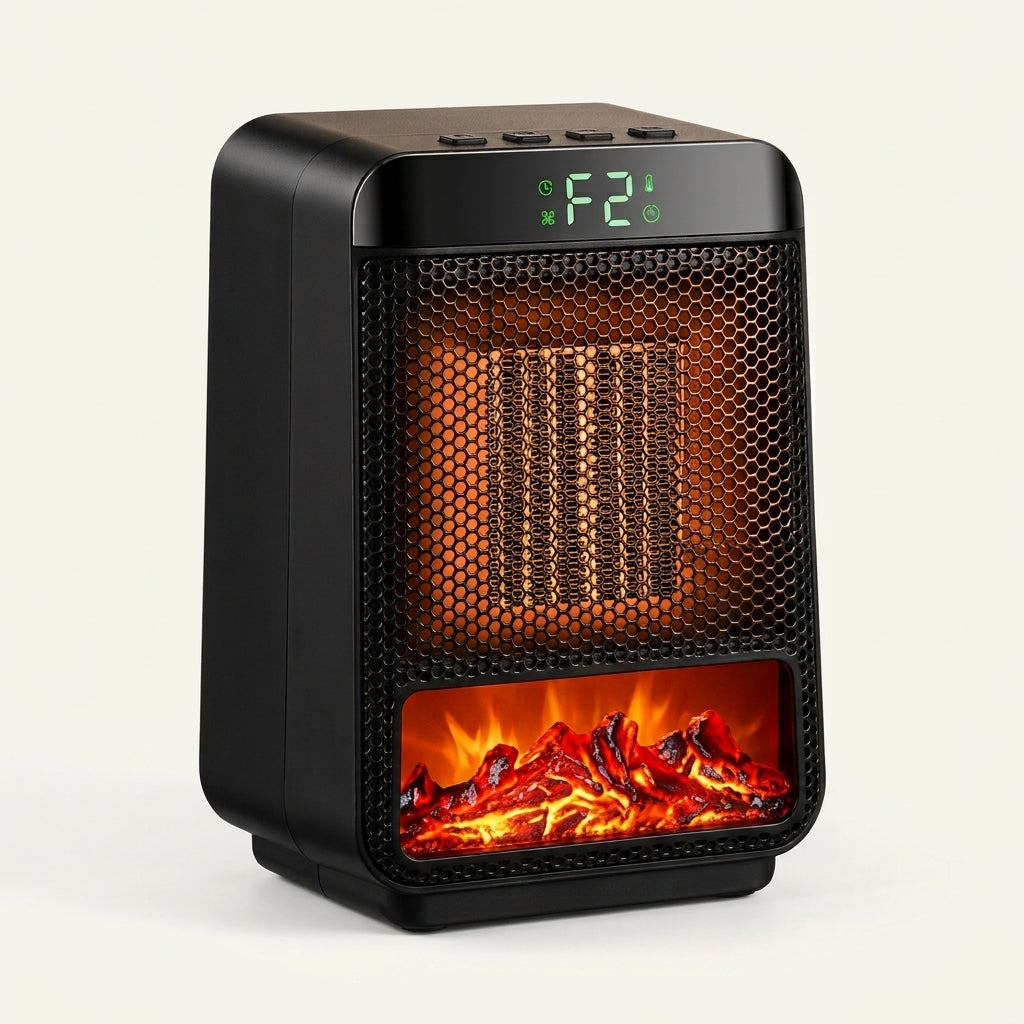 800W Mini Ceramic Space Heater with 3D Flame Effect | Portable Desk Heater