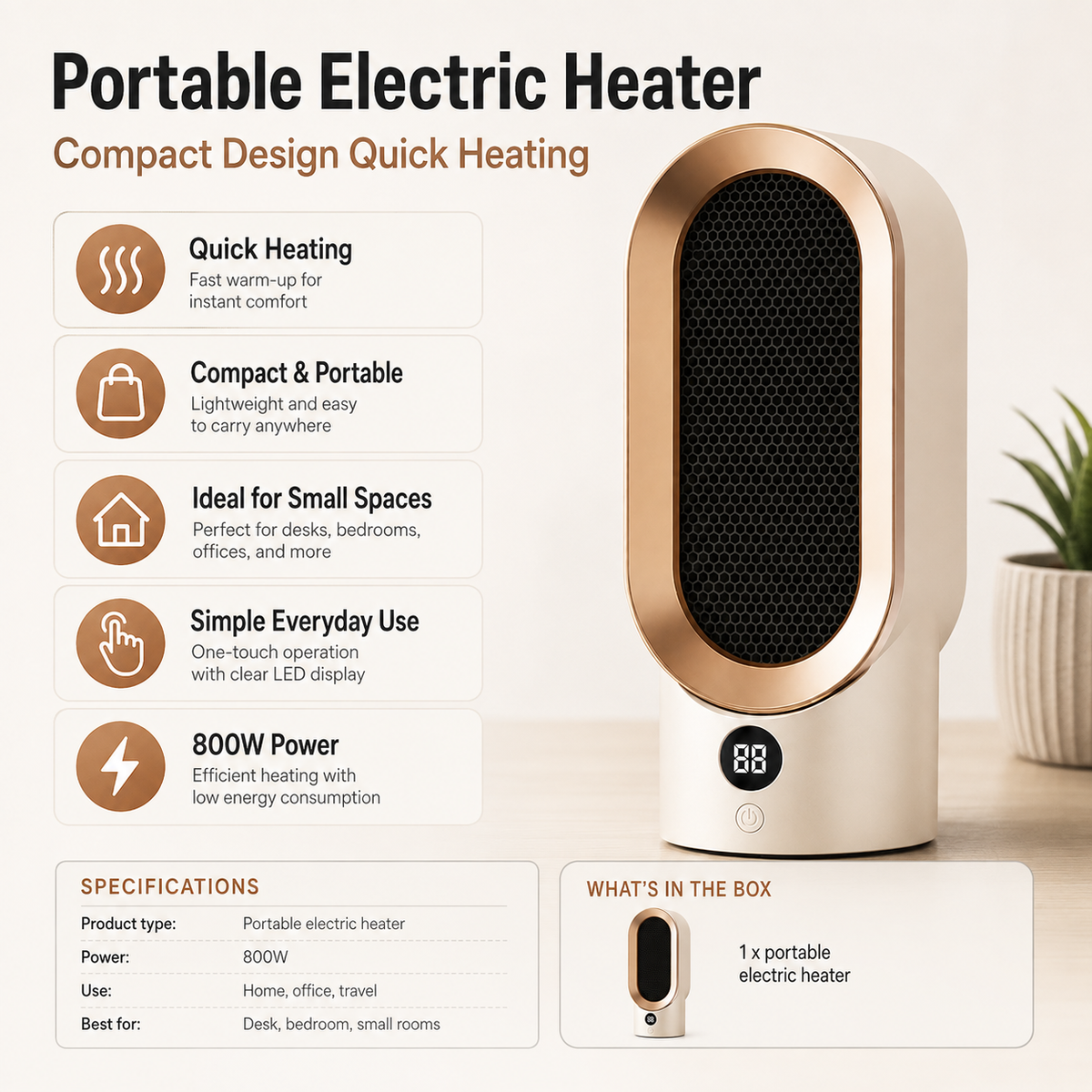 800W Portable Electric Space Heater | Compact Personal Desk Heater for Home & Office