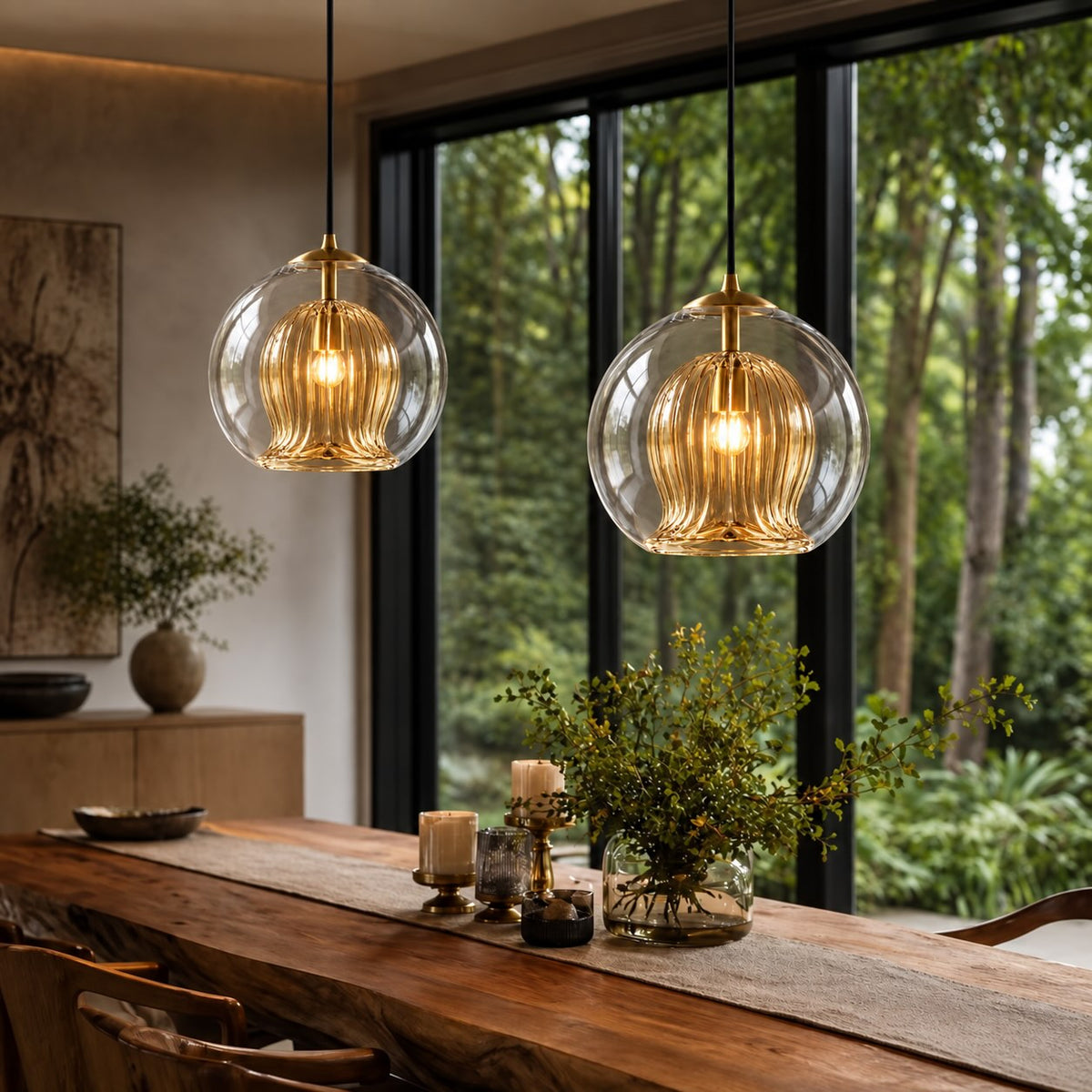 Modern Glass Pendant Light Hanging Metal Fixture LED Compatible Adjustable Height for Kitchen Island