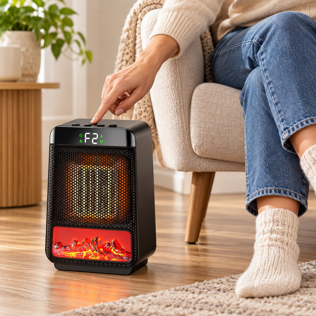 800W Mini Ceramic Space Heater with 3D Flame Effect | Portable Desk Heater