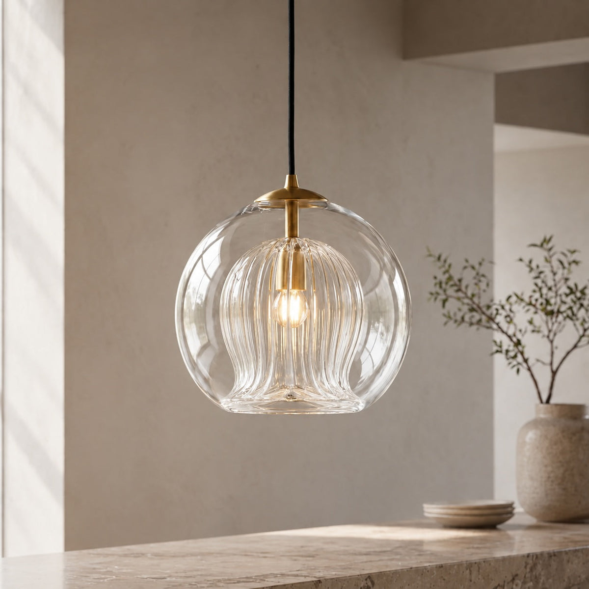 Modern Glass Pendant Light Hanging Metal Fixture LED Compatible Adjustable Height for Kitchen Island
