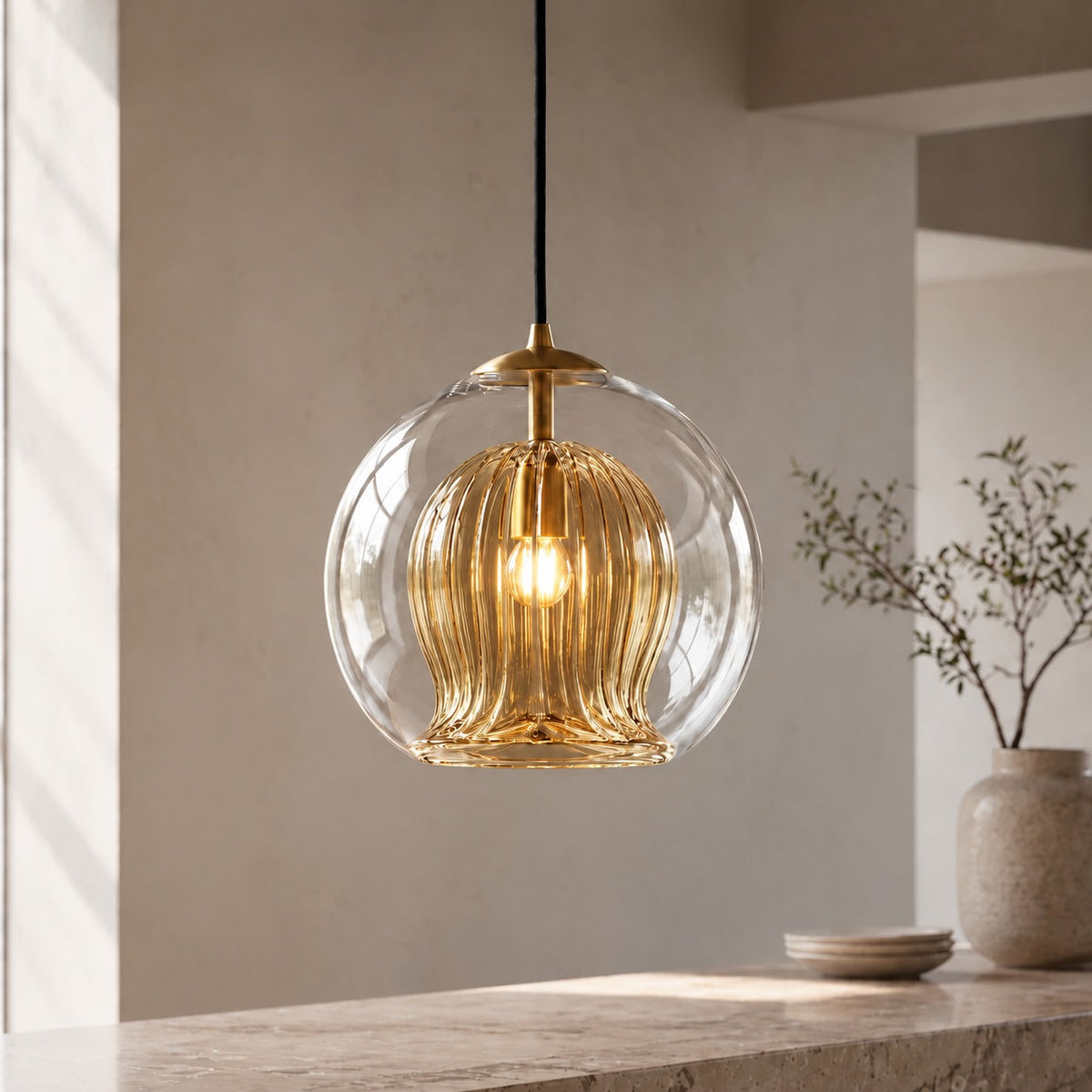Modern Glass Pendant Light Hanging Metal Fixture LED Compatible Adjustable Height for Kitchen Island