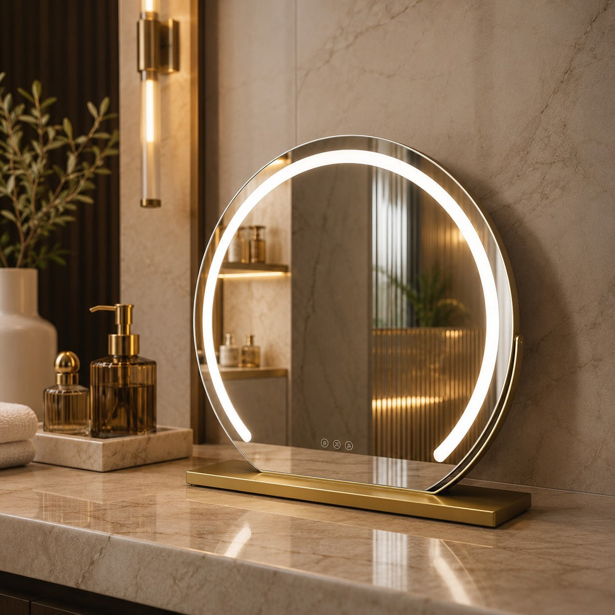 Modern Makeup Mirror with Lights Tabletop Adjustable Magnification LED Energy Efficient