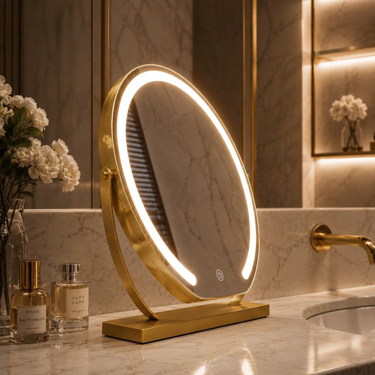 Modern Makeup Mirror with Lights Tabletop Adjustable Magnification LED Energy Efficient