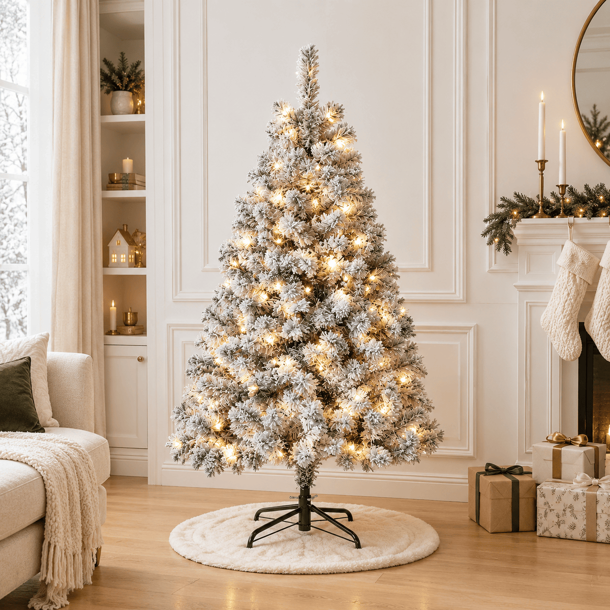 Premium Flocked Christmas Tree with 250 Pre-Lit Warm LED Lights