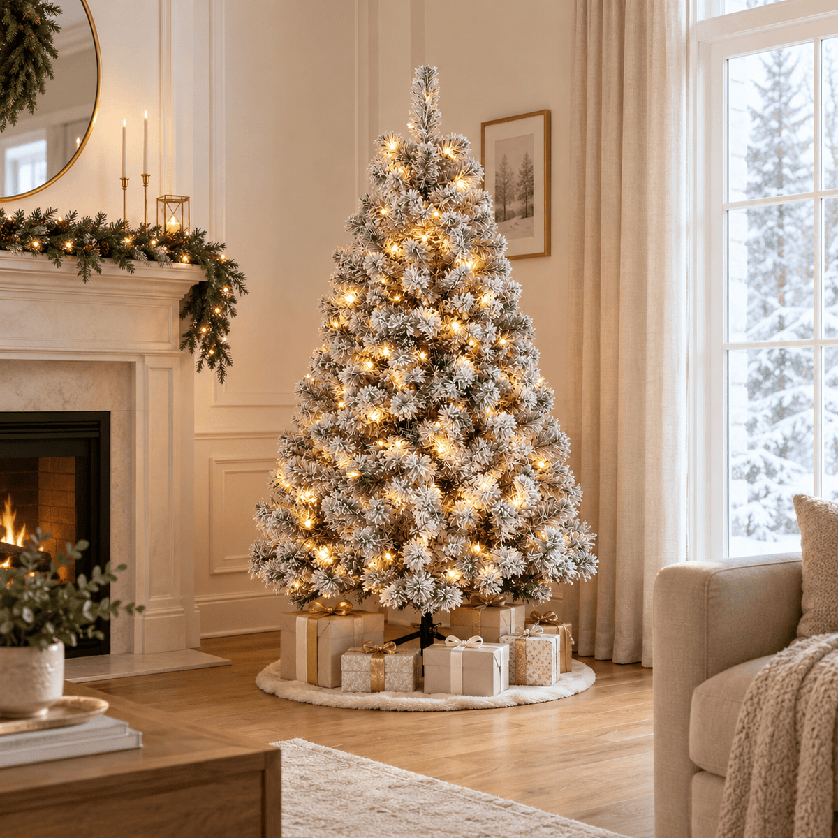 Premium Flocked Christmas Tree with 250 Pre-Lit Warm LED Lights