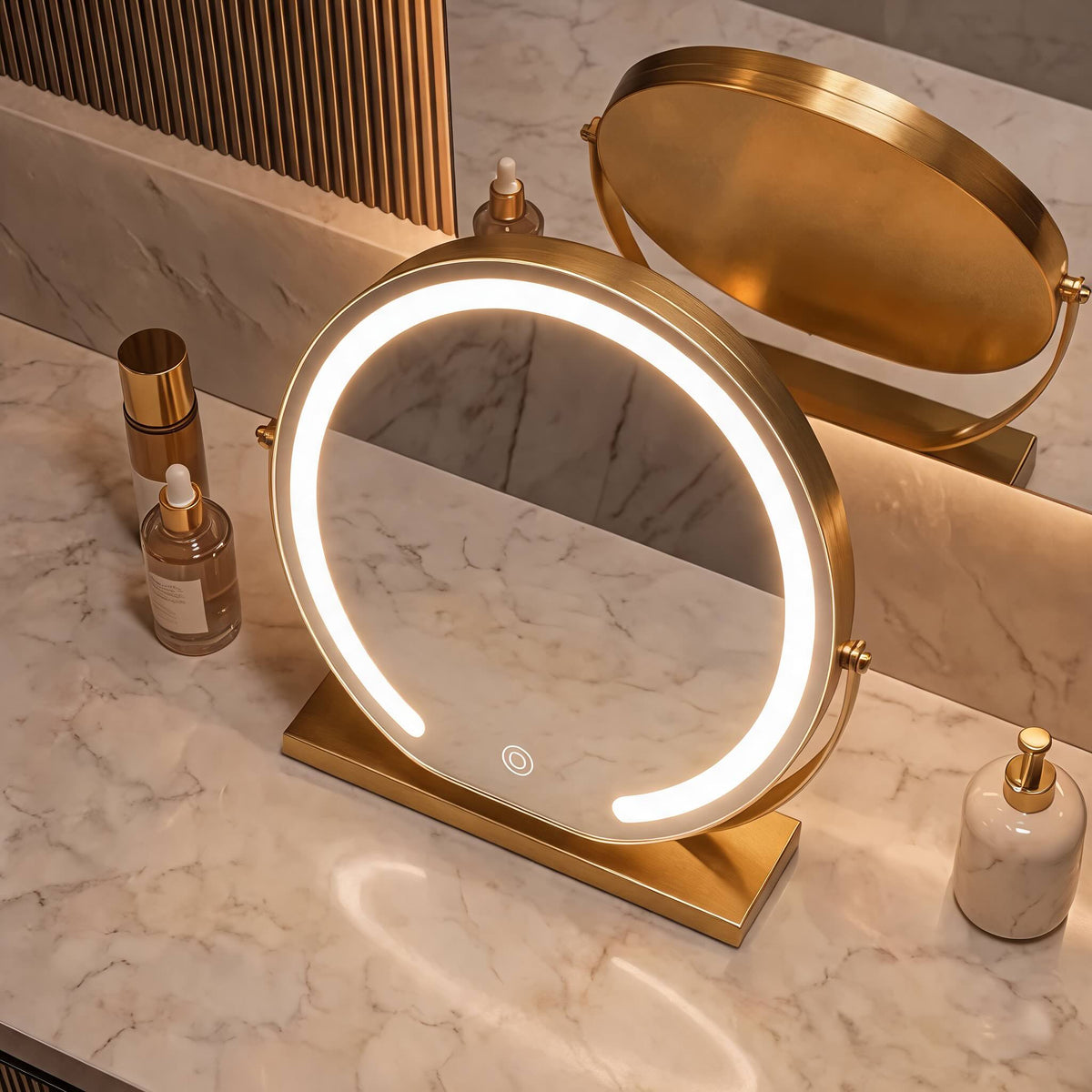 Modern Makeup Mirror with Lights Tabletop Adjustable Magnification LED Energy Efficient