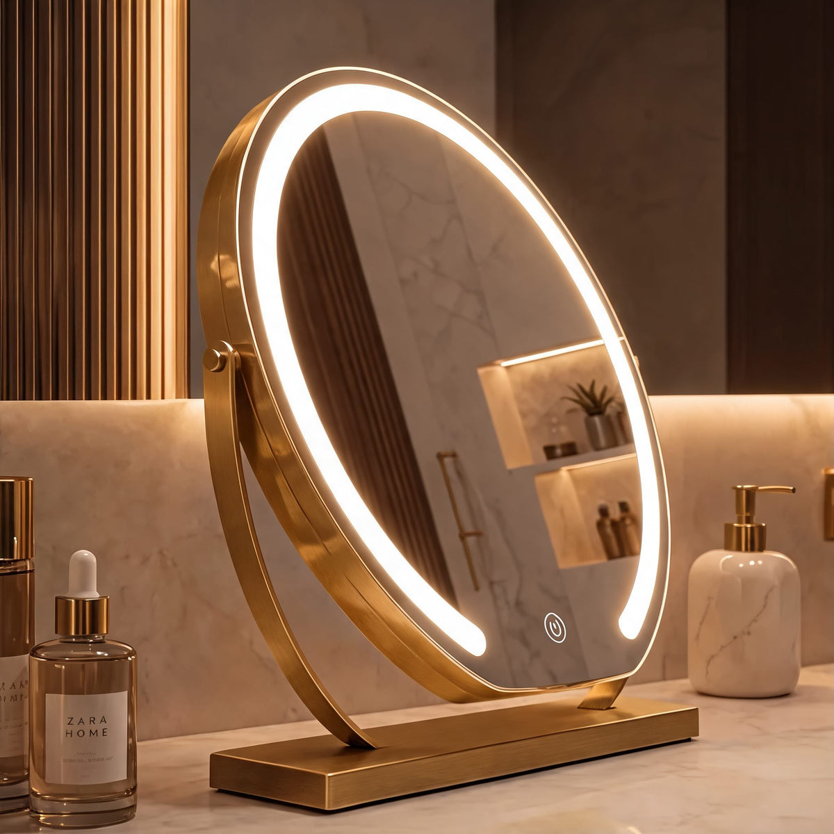 Modern Makeup Mirror with Lights Tabletop Adjustable Magnification LED Energy Efficient